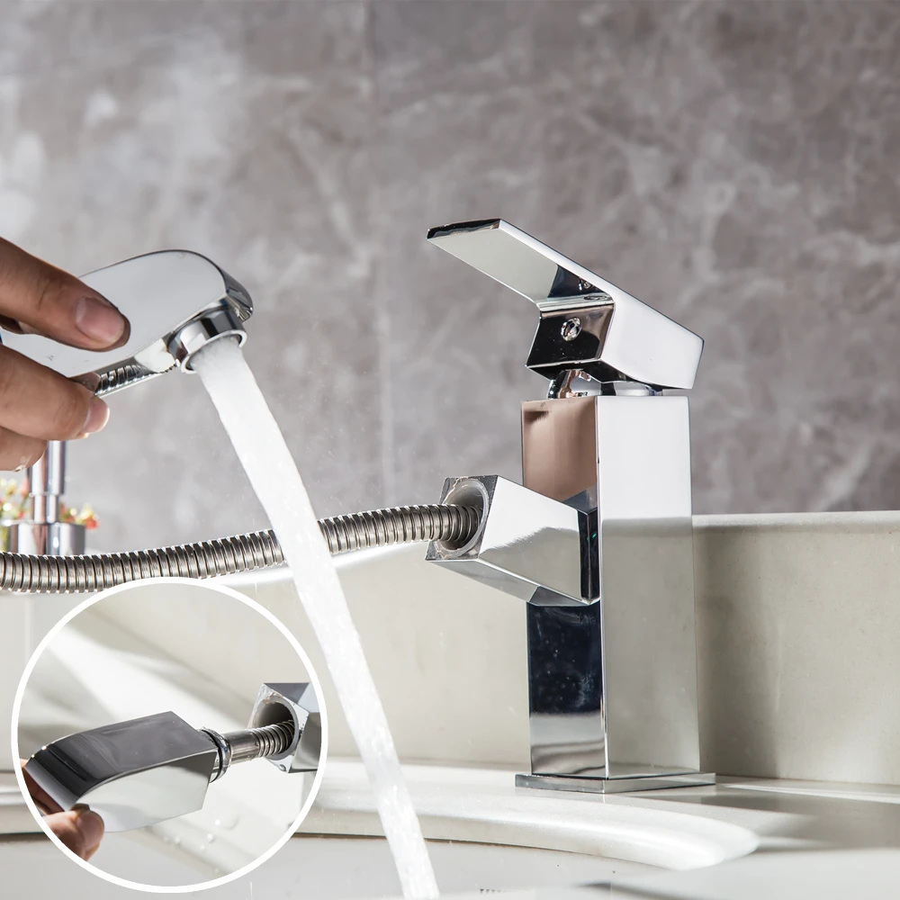 Pull Out Bathroom Faucet Deck Mount Mixer Tap with Hot and Cold Water Single Handle Crane Taps Torneira Banheiro Mci23