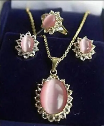 

Women's Jewelry pink cat- eyes stone ring earrings necklace