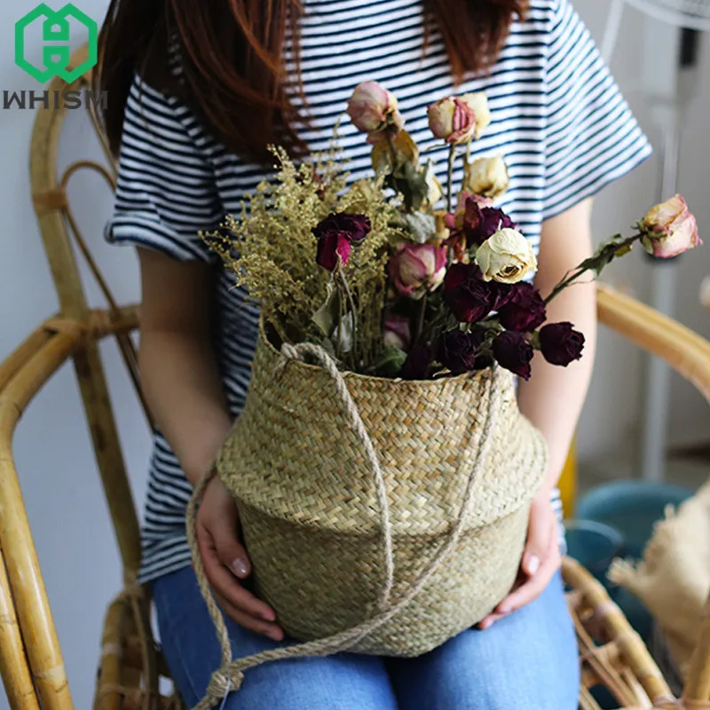 WHISM Handmade Rattan Flowerpot Wicker Hanging Basket Woven Flower Basket Folding Storage Basket Garden Planters Nursery Pots WHISM Handmade Rattan Flowerpot Wicker Hanging Basket Woven Flower Basket Folding Storage Basket Garden Planters Nursery Pots