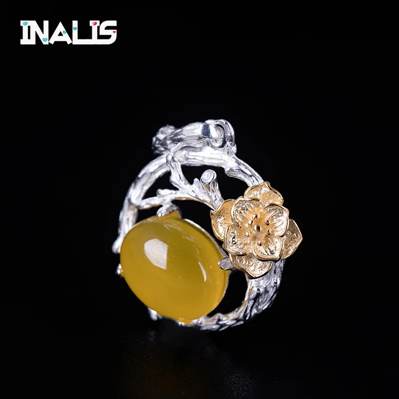 

INALIS New Real 925 Sterling Silver Handmade Fine Jewelry Flower Branch Chalcedony Pendant Black Necklace for Women Wedding