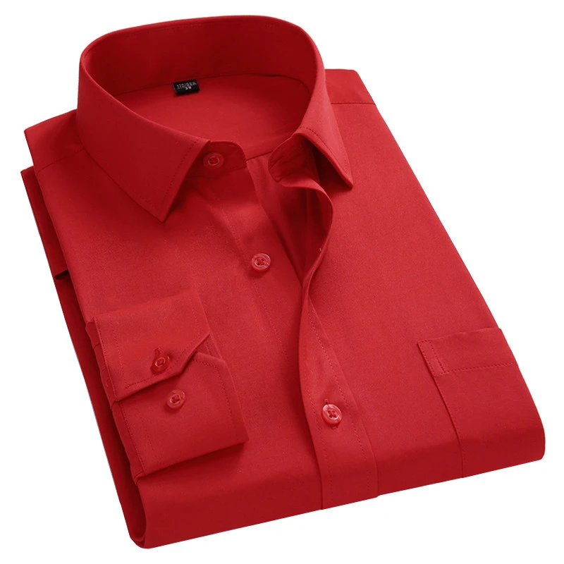 جديد 2021 قميص رجالي أكمام طويلة غير رسمي مناسب للأعمال قمصان رجالي بلون  واحد قمصان مناسبة ضيقة قميص أوم Camisa الاجتماعية أحمر 8XL