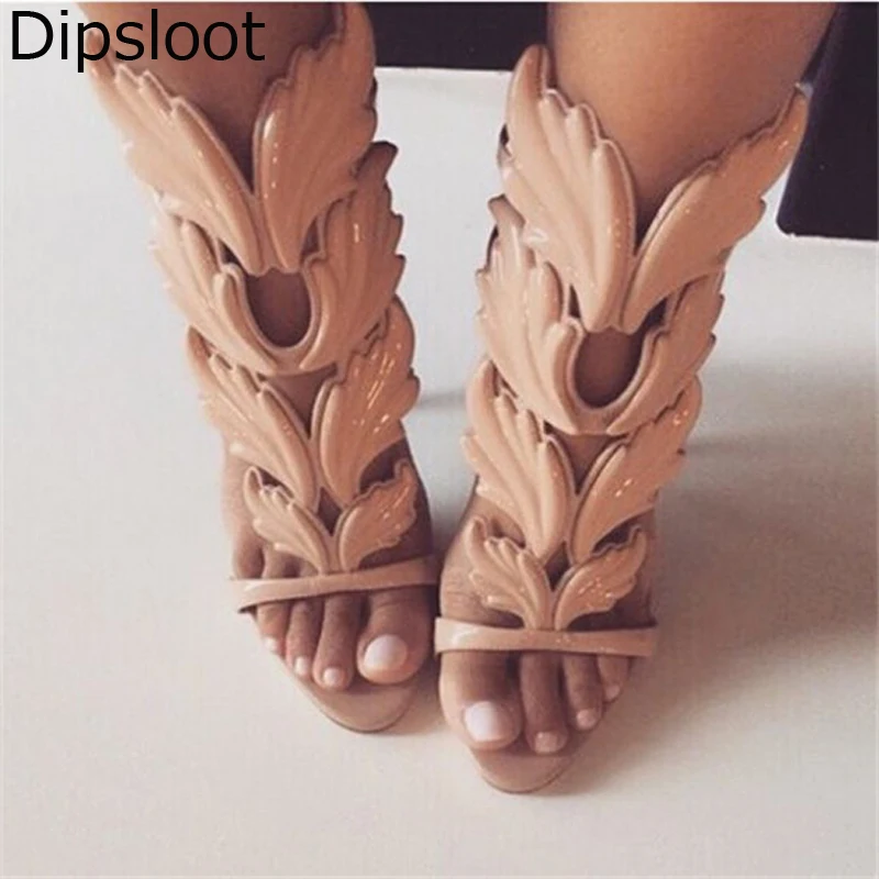 

Sexy Ladies Shiny Angel Wings Stiletto High Heel Sandals Gladiator Women Plated Golden Leafs Leather Party Dress Sandalias Shoes