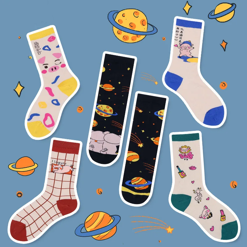 

SP&CITY 5 Pairs/set Women Customized Cartoon Pig Patterned Skateboard Socks Hipster Creative Unisex Cotton Happy Socks Free Ship