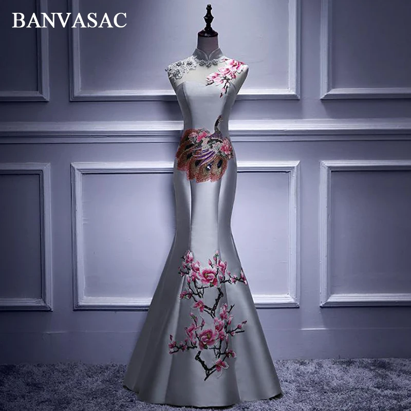 BANVASAC/длинные вечерние платья с цветочной вышивкой и высоким горлом, винтажные атласные платья с открытой спиной для выпускного вечера