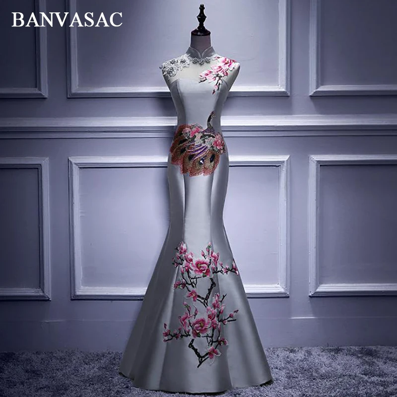 

BANVASAC Flowers High Neck Lace Embroidery Mermaid Long Evening Dresses 2018 Vintage Satin Open Back Party Prom Gowns