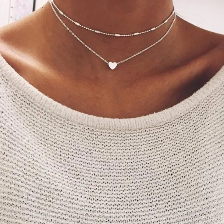 

newset fashion Gold/Silver Color Jewelry Love Heart Necklaces Pendants Double Chain Choker Necklace for couple lovers