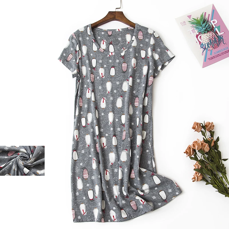 Женские ночные рубашки размера плюс, хлопковая ночная рубашка с коротким рукавом, ночная рубашка для сна, повседневная женская ночная рубашка, ночная рубашка, домашняя одежда - Цвет: Grey penguin