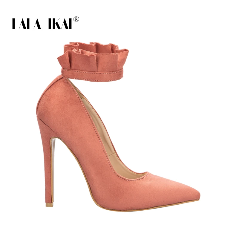LALA IKAI Heels Pointed Toe Women Pumps Ruffles 12 CM Sexy High Heels Buckle Strap Party Shoes Wedding Shoes 014C1867 -49