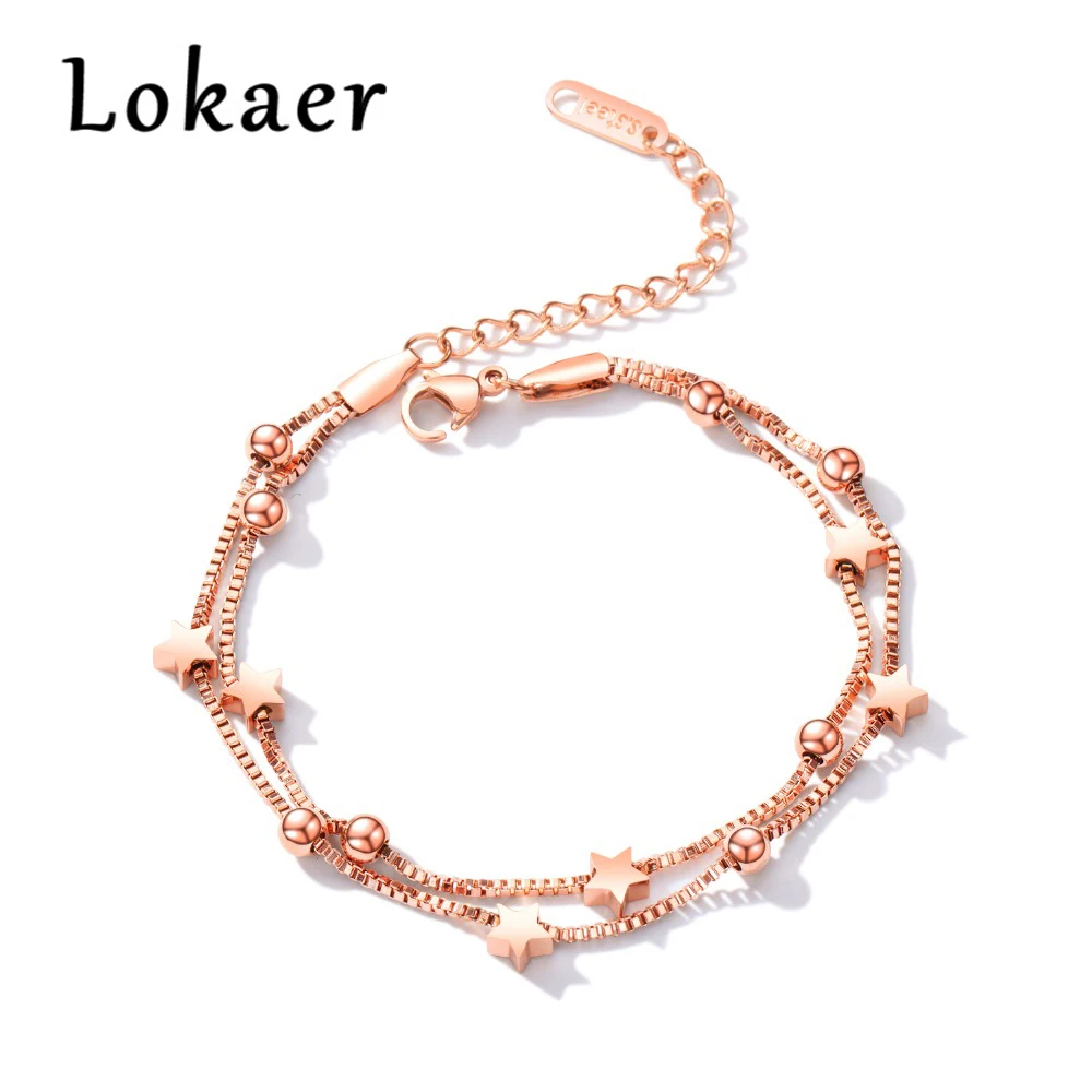 

Lokaer Charm Double layers stars Bracelet Bangle For Women Stainless Steel Extended Link Chain Bohemia summer Jewelry Gift