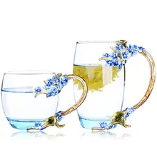 GFHGSD Creative Vintage Enamel Glass Cups Blue Rose Handgrip Style with a Butterfly on the Body Glass Coffee Set Tea Cup Gift