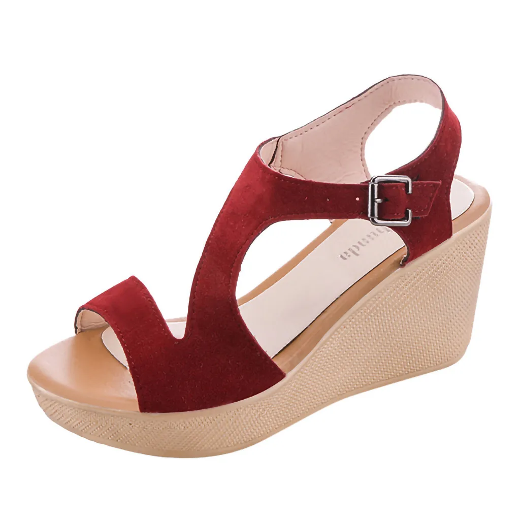 SAGACE Для женщин с пряжкой и ремнем, на танкетке на очень высоком каблуке сандалии для прогулок Твердые Цвет высота круглый носок повседневная обувь на платформе - Цвет: Красный