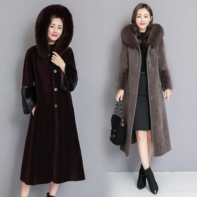 Женское шерстяное пальто,, большой меховой воротник, модное, высокое качество, норковая шерсть, Овечья стрижка, пальто, abrigos mujer invierno, Женская куртка, 4XL