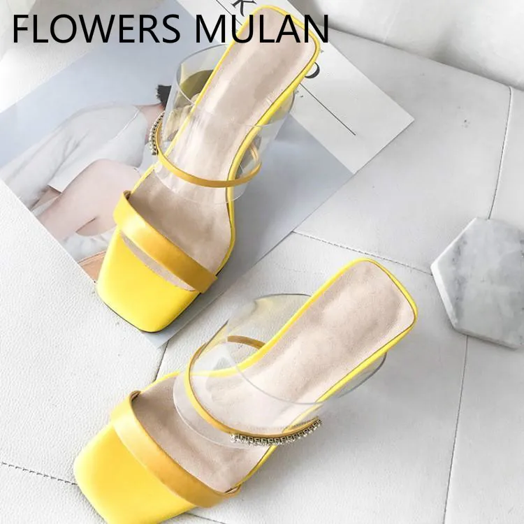 

Fashion Transparent PVC Yellow White Leather Crystal Buckle Women Slippers Peep Toe Slip On Ladies Mules High Clear Heels Shoes