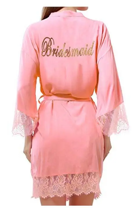 

Cotton Bridesmaid Robes With Lace Trim Women Wedding Bridal Robe WITH GOLD 001