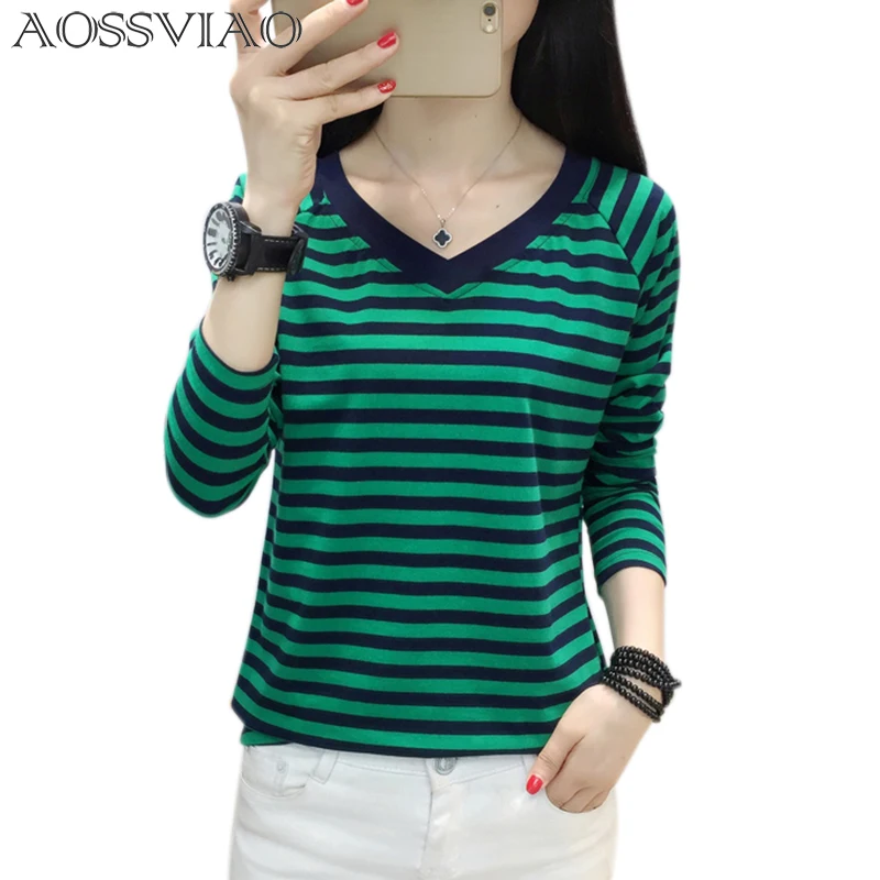 

AOSSVIAO Tee Shirt Femme V Neck Striped T Shirt Women Long Sleeve 2019 Korean Slim Cotton Womens Clothing T-Shirt Das Mulheres