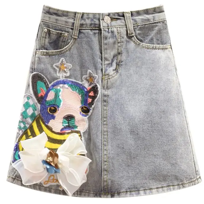 Плюс размер 5XL! Летняя джинсовая юбка женская вышитая Высокая талия аппликация "собака" джинсовая мини-юбка А-силуэта