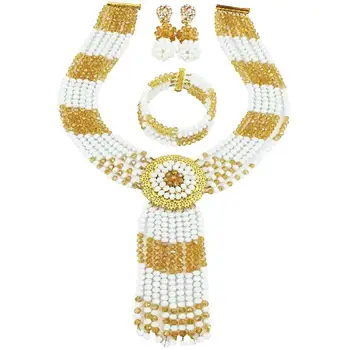 

Trendy White Champagne Gold AB Crystal Beads Party Jewelry Romantic Women Necklace Sets 6C-ZPHLS-33
