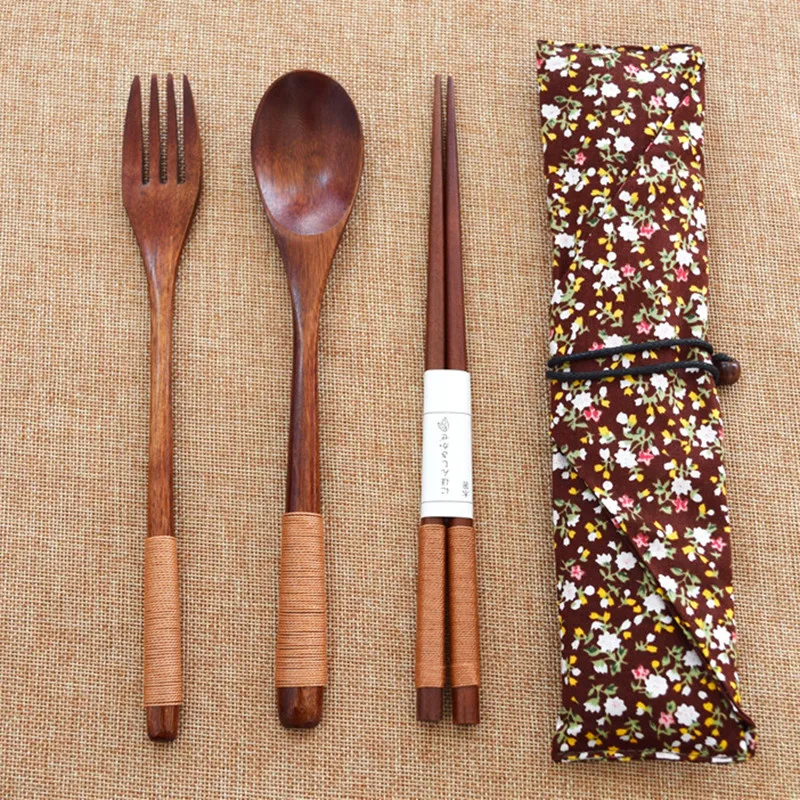 Wood Portable Tableware Wooden Cutlery Sets Travel Dinnerware Suit Environmental Cloth Pack Gift