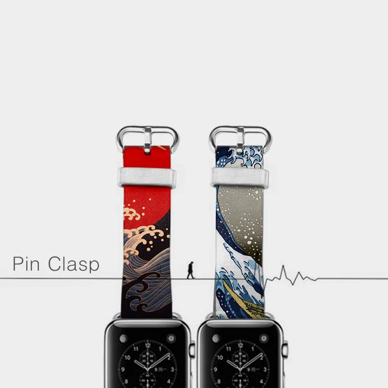 Японский Ukiyoe Стиль океан из телячьей кожи ремешок для наручных часов Iwatch 38 мм 42 мм для Apple Watch, версии сменный ремешок браслет для Шестерни S3