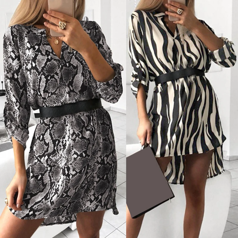 

Striped Print V-neck Turn-down Collar long-sleeved leopard print shirt dress Women Zebra Casual Mini Shirt Dress