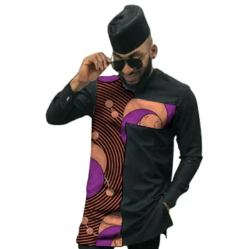 

African clothing men's shirt slim fit ankara o-neck tops print/black patchwork for wedding wear male formal Africa tops