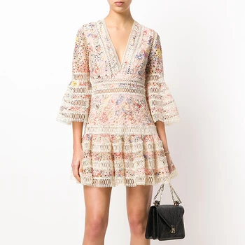

Chic Lace Embroidery Print V-neck Mini Dress A-line Three Quarter Ruffled Dress Flare Sleeve Dress Elegant Summer Robe