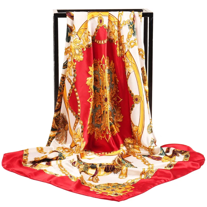 

90*90cm Large Square Scarf Women Silk Shawls Saddle Fringed Chain Print Satin Scarve Brand Bandana Kerchief Scarf Female Muffler