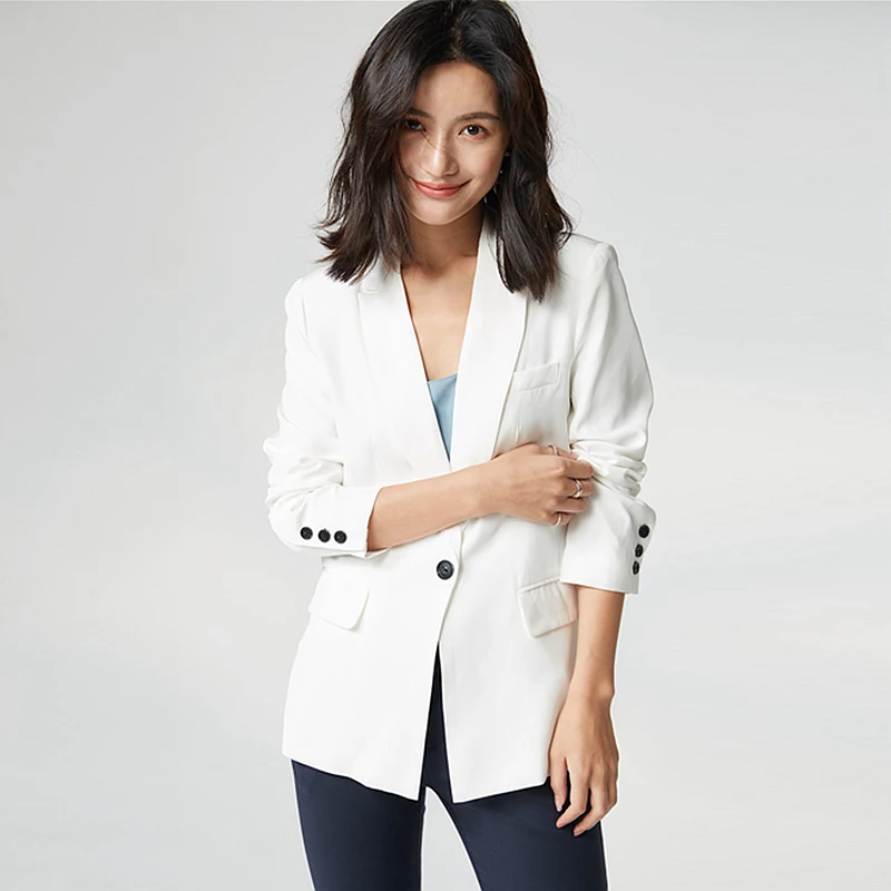 

High Quality Blazers Women Suit 100% Silk Fabric Simple Design Long Sleeve Single Button Solid Suit Elegant New Fashion 2018