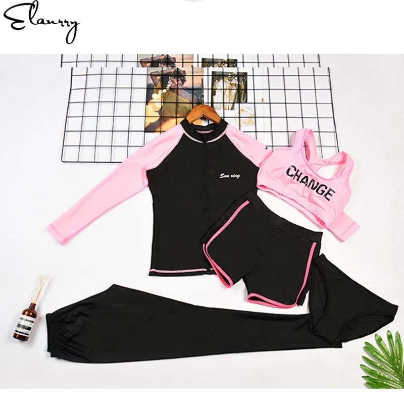 2019 ملابس السباحة طويلة الأكمام طقم سباحة حريمي الرجعية ملابس السباحة Rashguards 5 أجزاء تصفح بِدل السباحة الشاطئ ارتداء داخلية
