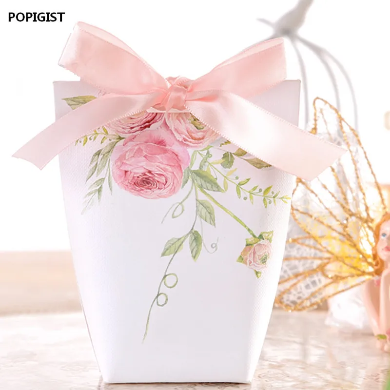 100pcs Wedding Favors Upscale Candy Boxes White/pink flowers gift box