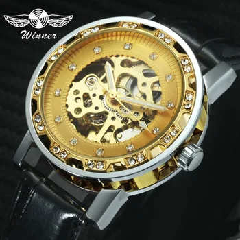 

WINNER Official Brand Luxury Automatic Watch Men Mechanical Watches 3D Design Gold Skeleton Dial Leather Strap Iced Out Clock