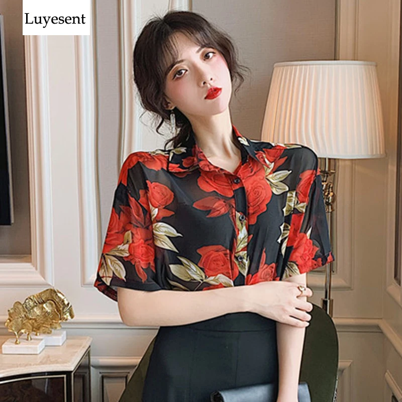 

Women Red Yellow Floral Thin Summer Chiffon Blouse Femme Transparent Single Breasted Short Sleeve Sun Protect OL Shirt 2019 Top