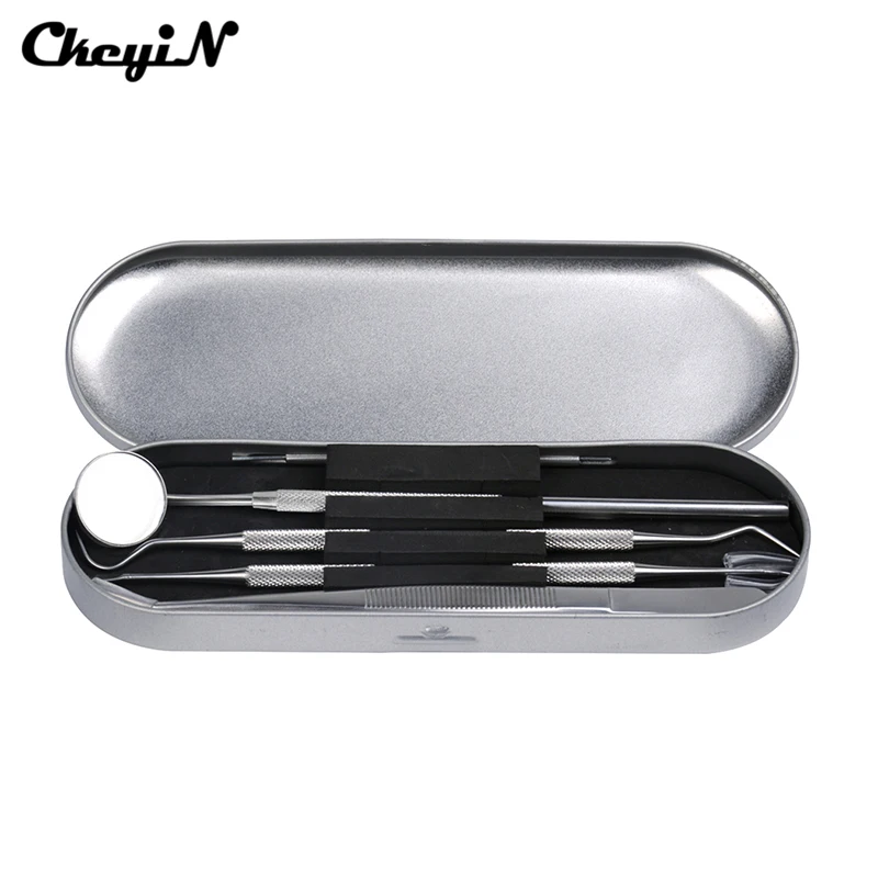 

CkeyiN 4pcs/set Dental Teeth Whitening Cleaning Tool Set Stainless Steel Pro Dentistry Kit Oral Hygiene Care With Metal Box S46