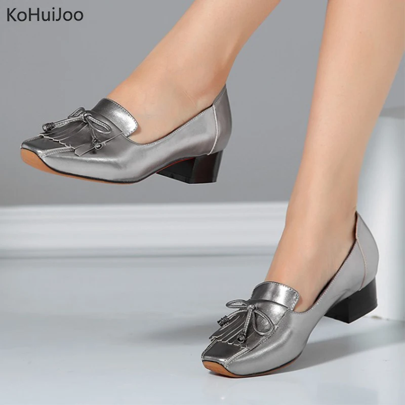 

KoHuiJoo Genuine Leather High Heels Silver Shoes Women Wine Red Gun Color Pumps Slip on Cross-tied Chunky Heels for Women Pumps