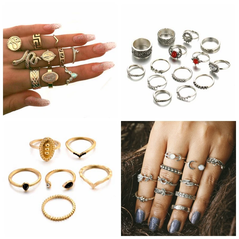 

10 Pcs/Set Snake Water Drop Ring Set For Women Geometric Crystal Knuckle Midi Ring Set Bohemian Jewelry