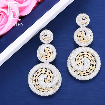 

SISCATHY Luxury Three Round Geometric Earrings Hollow Pendant AAA Cubic Zirconia Engagement Drop Dangle Earrings For Women