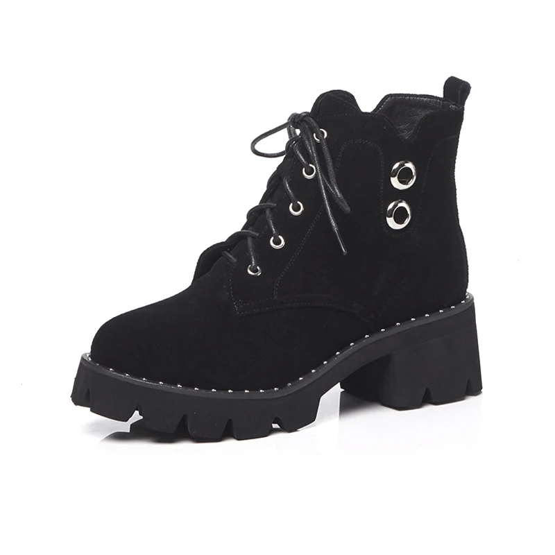 MNIXUAN high quality shoes women martin boots ankle boots winter new platform high heels lace up short boots big size 34-43 - Цвет: Black matte leather