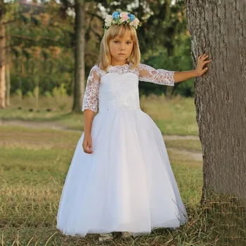 

Girls Lace Flower Dresses Half Sleeve With Sequined First Communion Prom Dress for Wedding Party