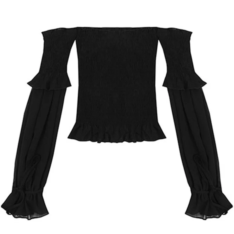 Neploe черные однотонные винтажные шифоновые рубашки с открытыми плечами и вырезом лодочкой женские топы тонкие с длинным рукавом прозрачные солнцезащитные Блузы 68074