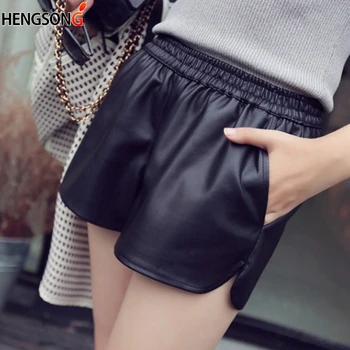 

Autumn Winter PU Leather Shorts Women Female Casual Large Size Wide Leg Elastic High Waist Short Pants women's shorts Big Size