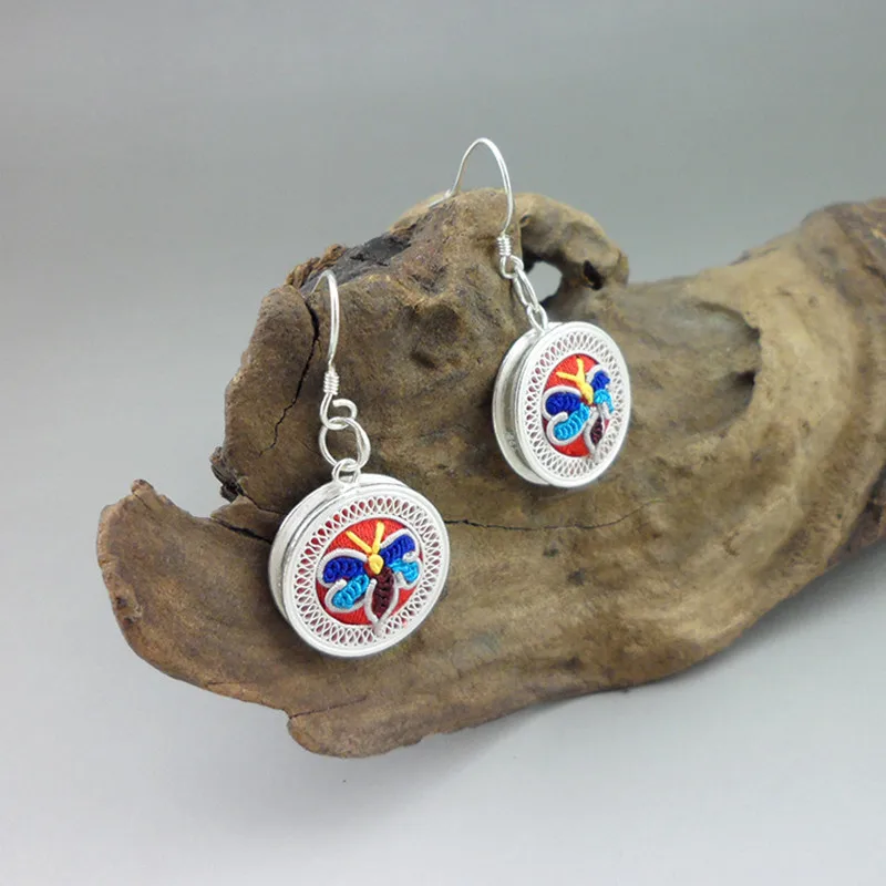 

Drop Earrings Embroidery 999 Sterling Silver Earrings Ethnic Vintage Fine Jewelry Handmade Chinese Earings Fashion Jewellery