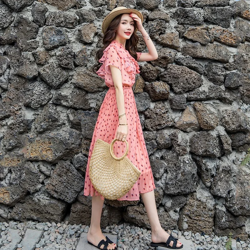 Elastic Waist Chiffon Print Dot Dress Summer Beach Mid-Calf Stand Collar Bow Sweet Ruffles  Refined Pleated Women's Summer Dress