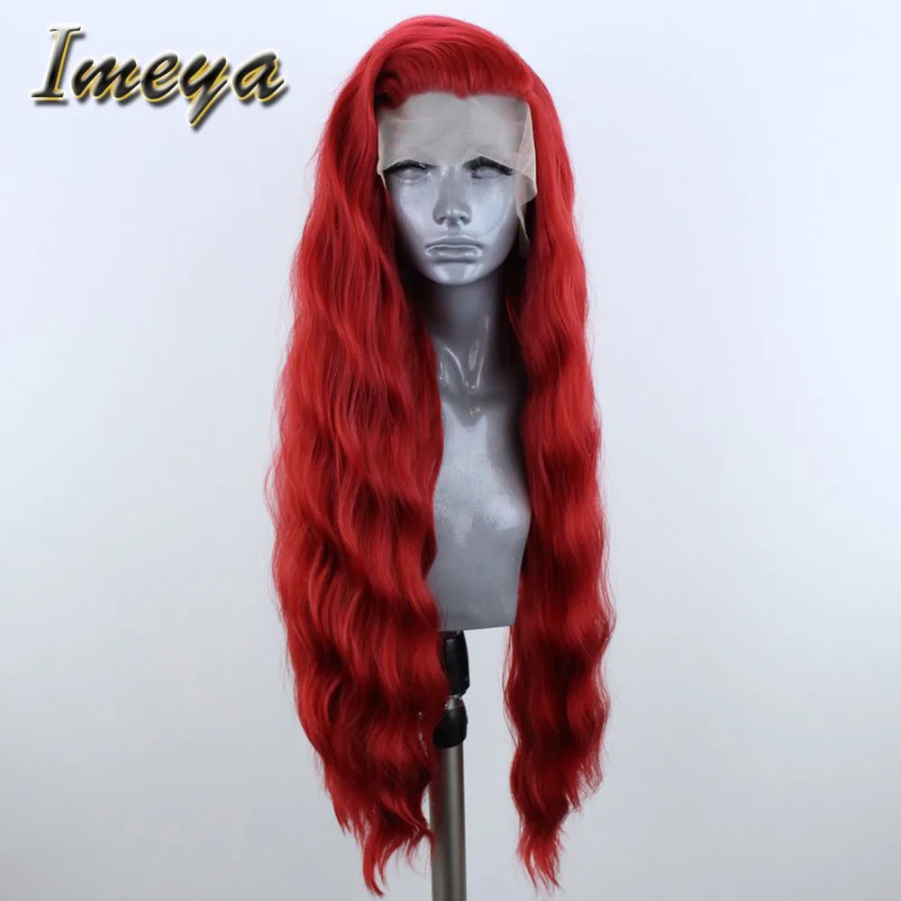 

Imeya Long Wavy Synthetic Lace Front Wigs Red Color Half Hand Tied Heat Resistant Replacement Cosplay Wigs For Women