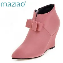 MAZIAO/женские ботильоны; большие размеры 32-43; осенние женские туфли-лодочки на высоком каблуке на молнии; модная обувь с бантом; цвет черный, розовый, зеленый