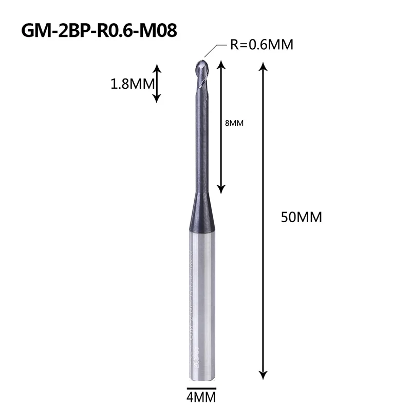 GM-2BP R0.25-0.75, Вольфрамовая сталь, 2 флейты, круглый нос, длинная шея, короткая режущая кромка, с покрытием, Концевая фреза с ЧПУ, фреза, режущие инструменты - Длина режущей кромки: GM-2BP-R0.6-M08