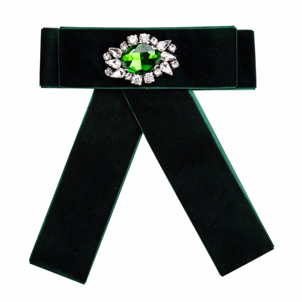 

VEKNO Flannel Bowknot Brooches Pin Collar Big Green Rhinestone Bow Tie College Wind Retro Brooch Cloth Corsage Crystal Jewelry