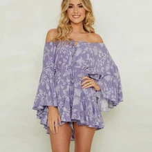 Boho Для женщин комбинезон Цветочный принт Playsuit Короткие плиссированные Летний комбинезон одежда с длинным рукавом Свободные из плеча Для женщин Playsuit Повседневное