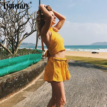 

Lyprerazy Women Playsuit Sexy Turtle Neck Halter Sleeveless Boho 2 Pieces Lace up Rompers Bow Jumpsuit Beach Party Overalls