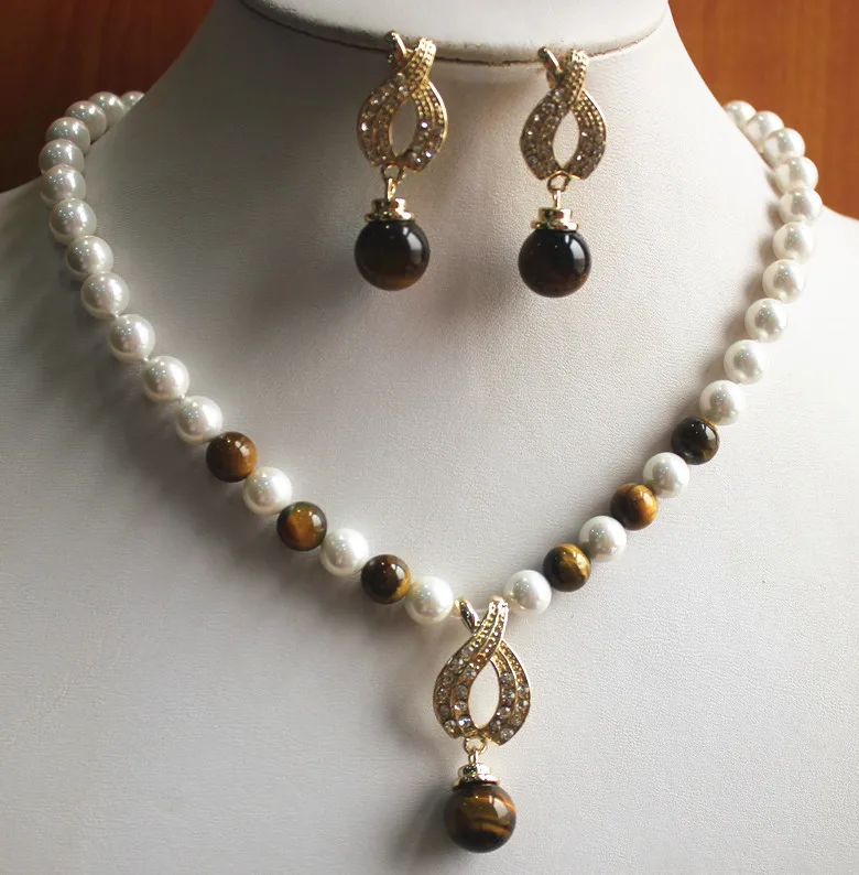 

real Women's Wedding perfect matched 8mm white shell pearl and stone earring pendant necklace jewelry set for silver-jewelry