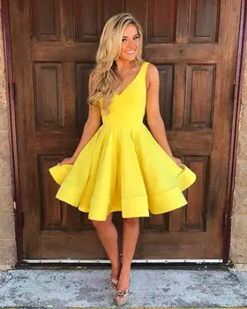 

Sleeveless V Neck Short Satin Yellow Homecoming Party Dresses
